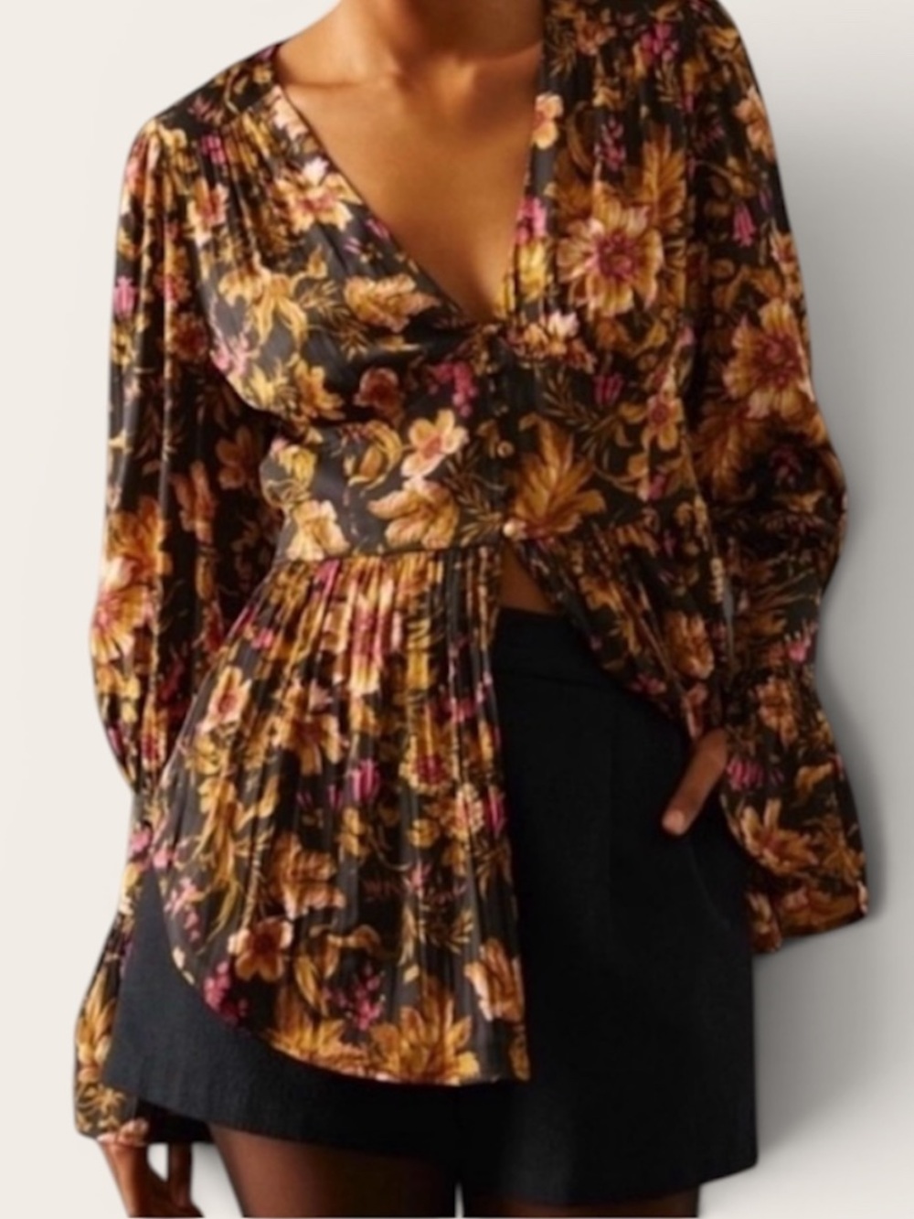 Anthropologie Black Moody Floral Bell Sleeve Blouse Top Women’s XS Whimsy Boho